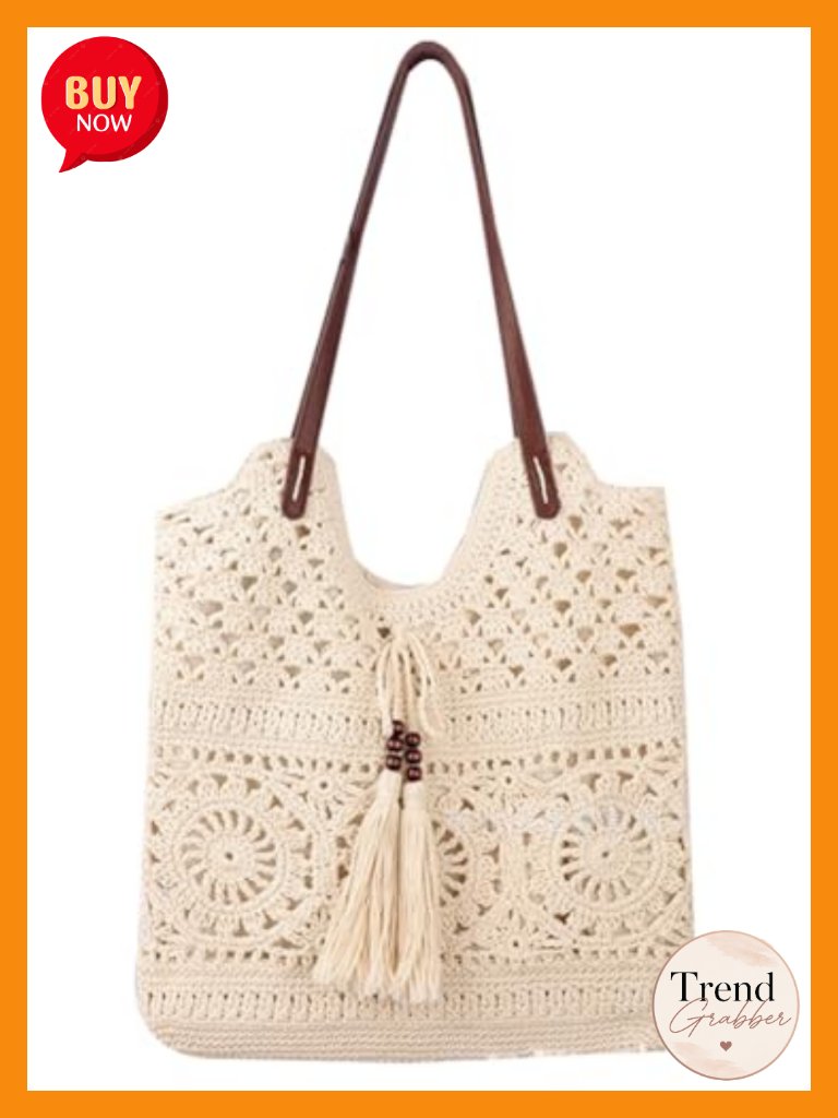Boho Crochet Summer Handbag Handmade Cotton Rope Knit Shoulder Bag Tote Straw